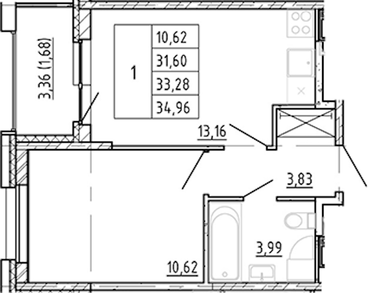 1-комнатная квартира 31.6 м², 7/12 эт., ЖК «Полис Новоселье»